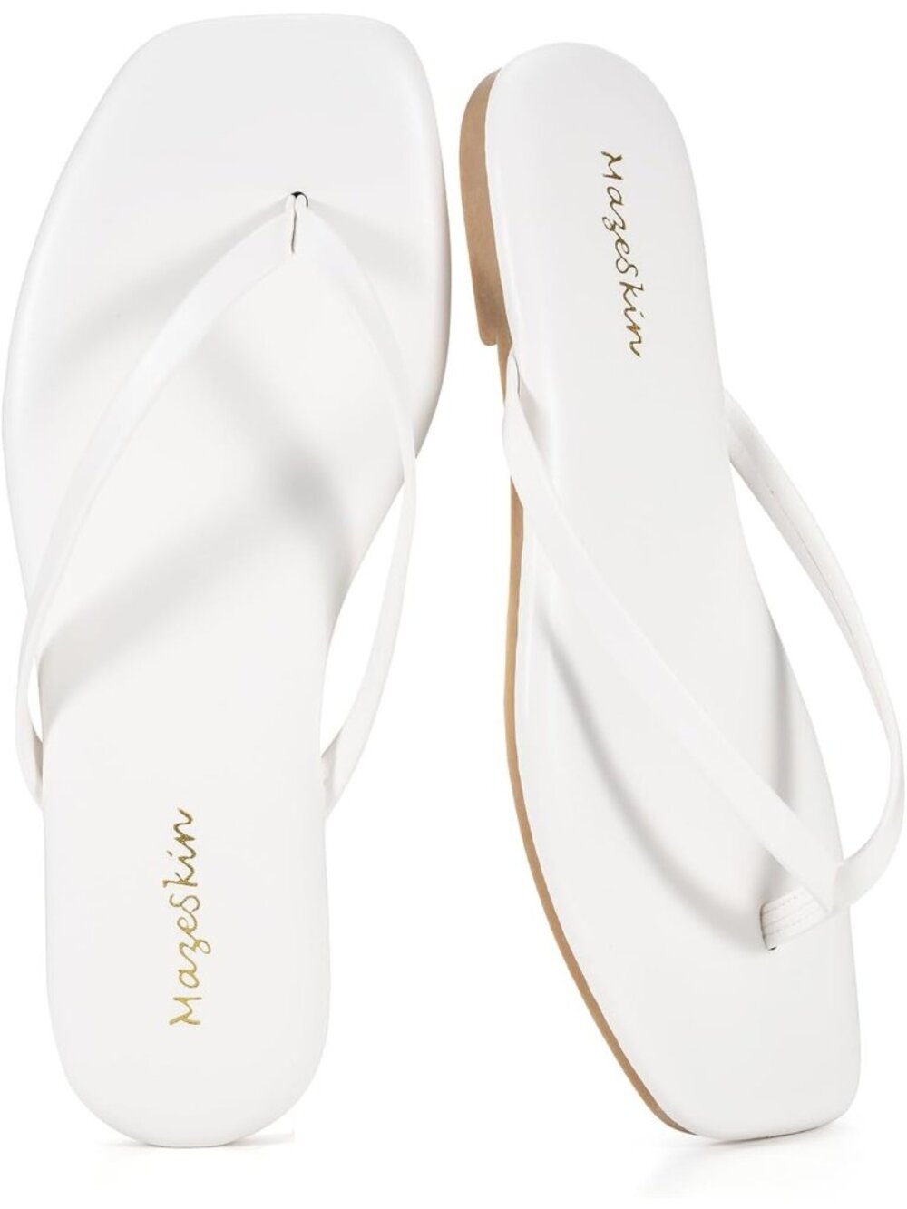 Women's White Cushioned Square Toe Flat Memory Foam Thong Flip Flops Sandal